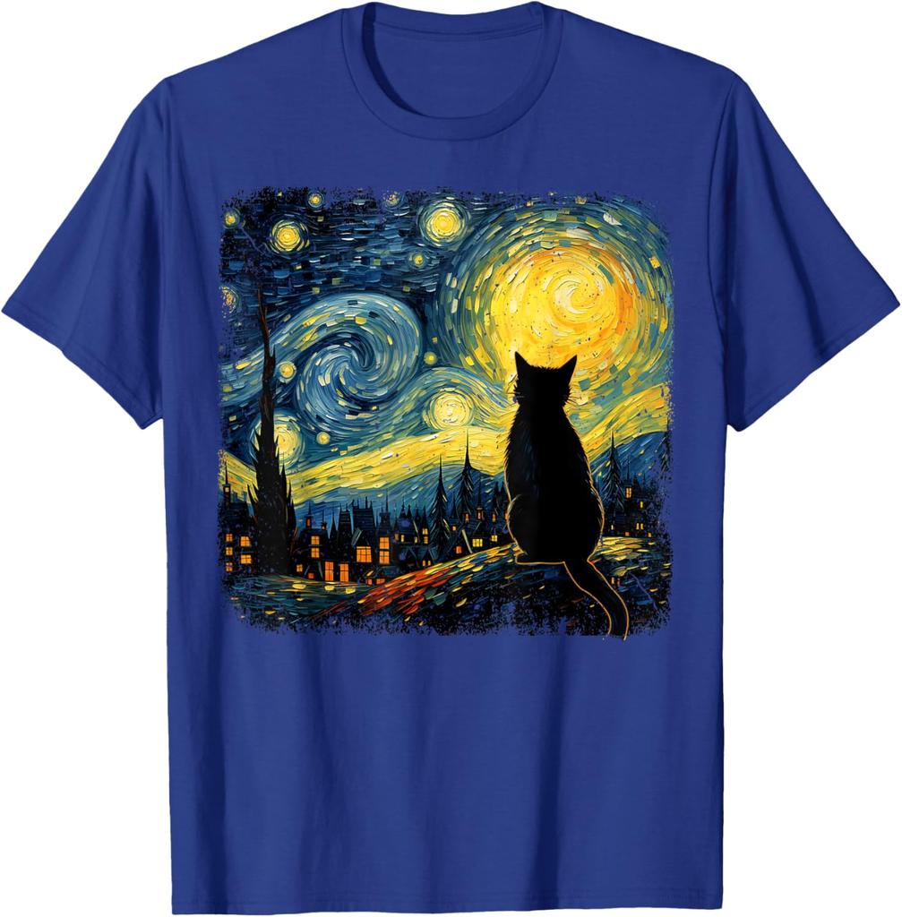 Black Cat Starry Night Van Gogh Style Graphic TShirt Breathable Cotton Top for Cat Lovers