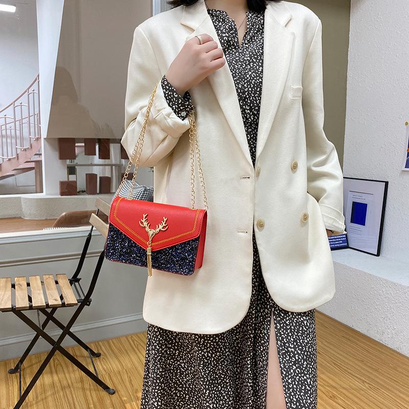 Korean Style Internet Celebrity Bag for Women, Small Deer Tassel Sequin Women's Bag, Women's Shoulder Small Square Bag
