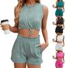 Summer Solid Color Crew Neck Sexy Tank Top Drawstring Pocket Women's T-shirt and Shorts Suit