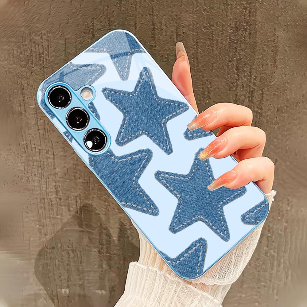 Привлекательный синий чехол со звездами для Samsung Galaxy S26 S25 S24 S23 S22 FE Ultra Plus Встроенное стекло ощущение голого телефона Мужчины женщины