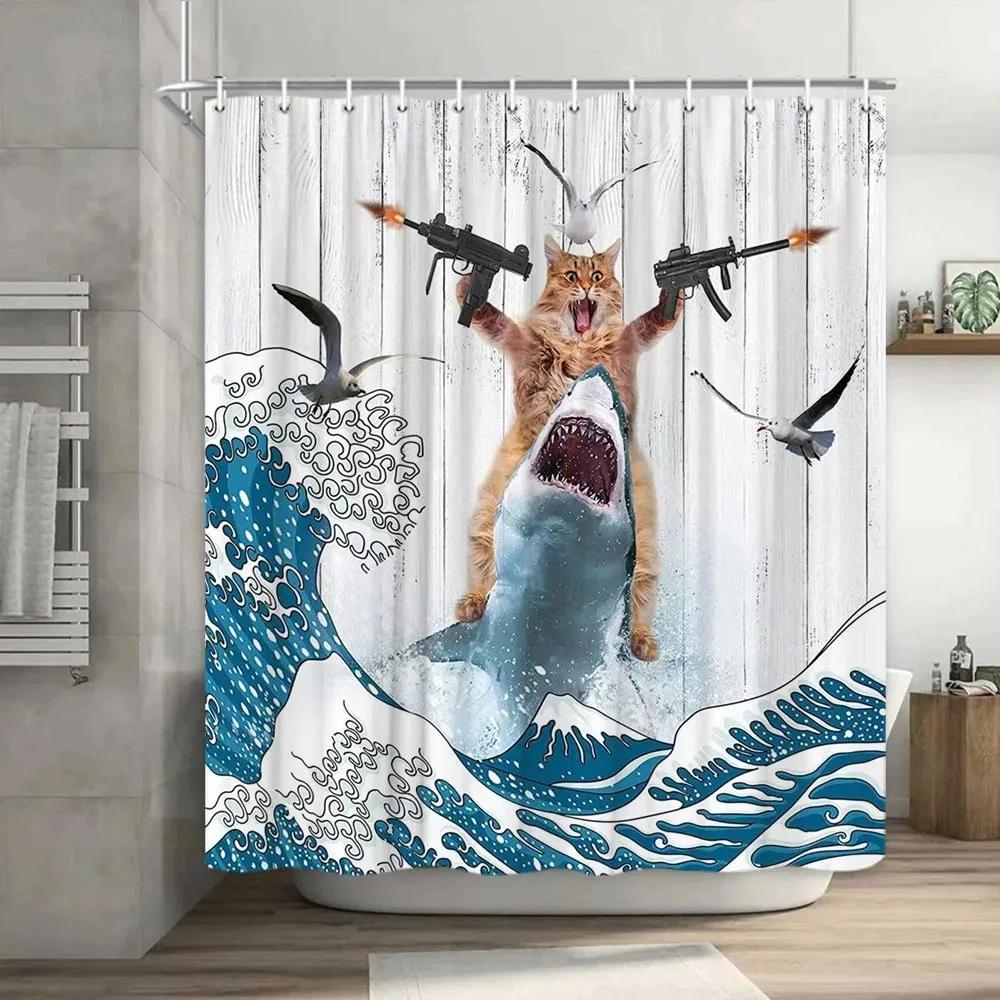 Забавная шторка для душа с кошкой Крутая шторка для ванной с динозавром Дино Дно Японское Море Океанская Волна для Детей Мальчиков Деревенский Деревянный Фермерский Дом