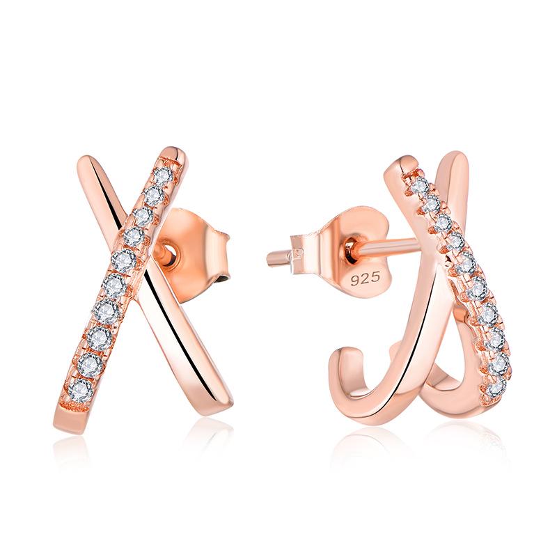 Серьги-гвоздики с геометрическим крестом, покрытые розовым золотом, с кубическим цирконием, ювелирные изделия из стерлингового серебра S925 для женщин