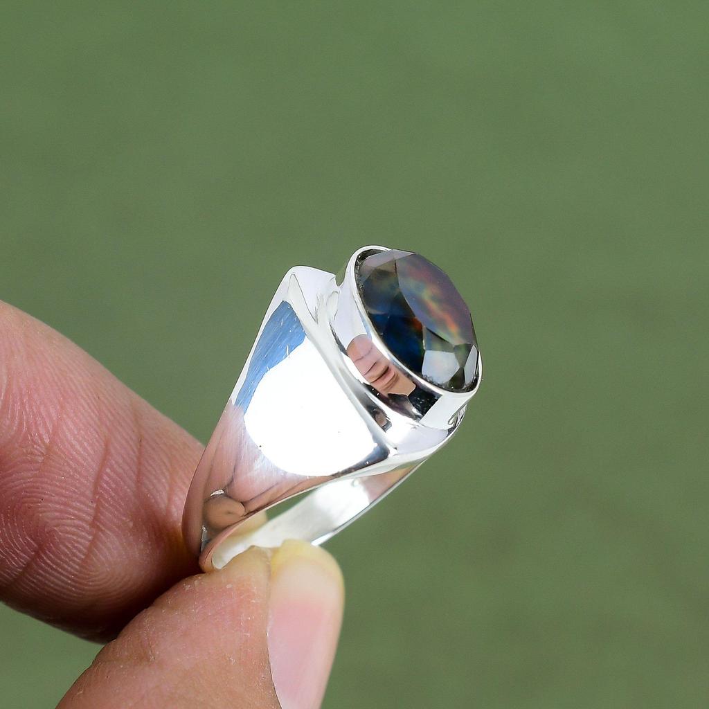 Кольцо с фасетчатым аммолитом Кольцо из стерлингового серебра 925 пробы Уникальный дизайн Ювелирное изделие Кольцо с натуральным камнем Ручная работа Ювелирный подарок для папы Доступно в размерах