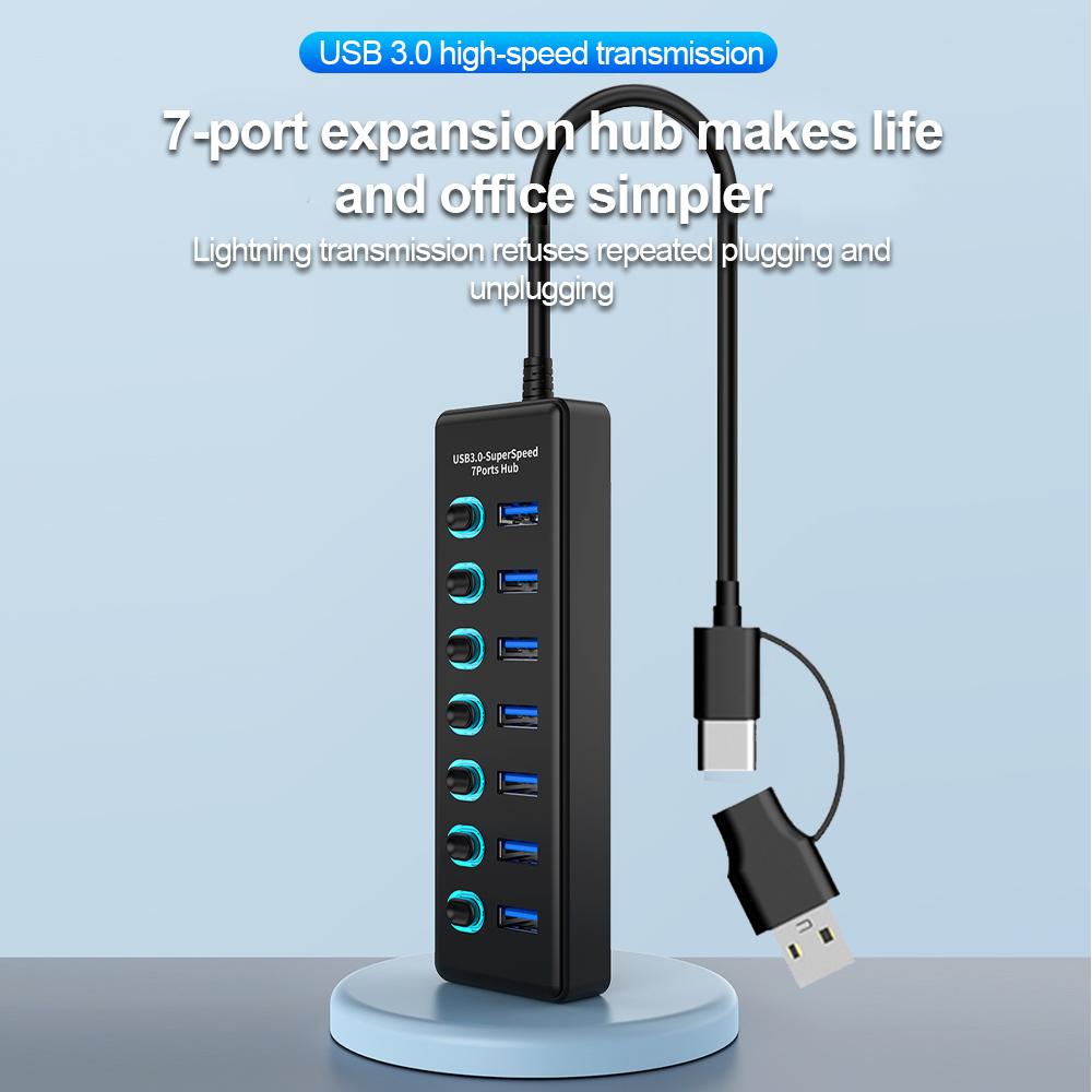 KEBIDUMEI USB-хаб на 7 портов USB 3.0, разветвитель 5 Гбит/с с индивидуальными переключателями, адаптер питания для ноутбука, расширитель USB-портов, USB-C док-станция