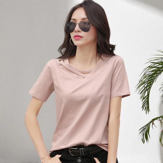 Женская футболка с V-образным вырезом, шнуровкой на воротнике и короткими рукавами, однотонная, свободного кроя