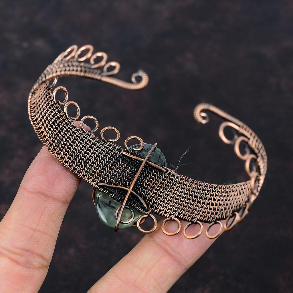 Moss Prehnite Bangle Copper Wire Wrapped Cuff Bracelet Handmade Copper Jewelry Adjustable Bangle Gemstone Stylish Jewelry Gift For Wedding