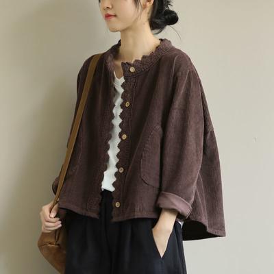 Винтажная одежда, вельветовая куртка-рубашка, женская кружевная стежка, свободная осенняя женская куртка с круглым вырезом, повседневная короткая куртка