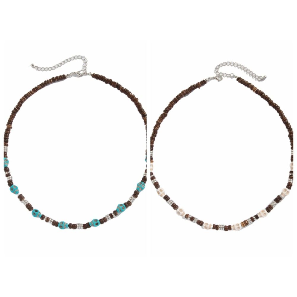 Gothic Skull Beaded Necklace Boho Wooden Choker Vintage Coconut Shell Necklace Party