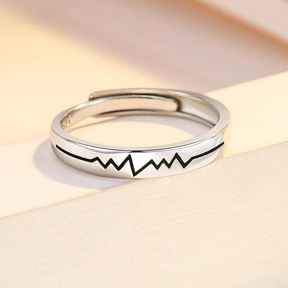 New 925 Sterling Silver Couple Ring Men Women Electrocardiogram Adjustable Pair Micro-inlaid Zircon Lovers Rings Jewelry Gift
