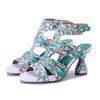 Genuine Leather Printed Peep Toe Sandals Handmade Fashion Women's High Heels Shoes