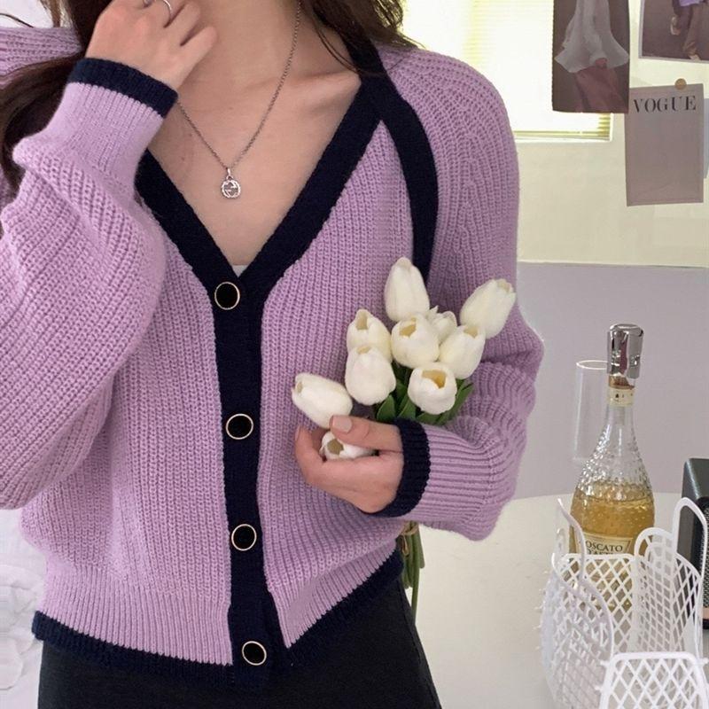 Маленький дизайн вязаный кардиган женский 2022 осень с длинным рукавом однотонный повседневный мягкий восковой цвет контрастный свободный свитер кардиган пальто