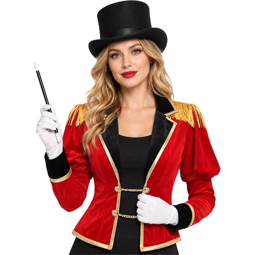 Women Circus Ringmaster Costume Puff Long Sleeve Lapel Collar Tassel Shoulder Jacket Chain Button Hat Gloves Magic Wand for Halloween Cosplay Party