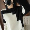 Autumn/Winter 100% Pure Wool Women's Loose Color Block Knit Sweater, Round Neck Base Layer Top