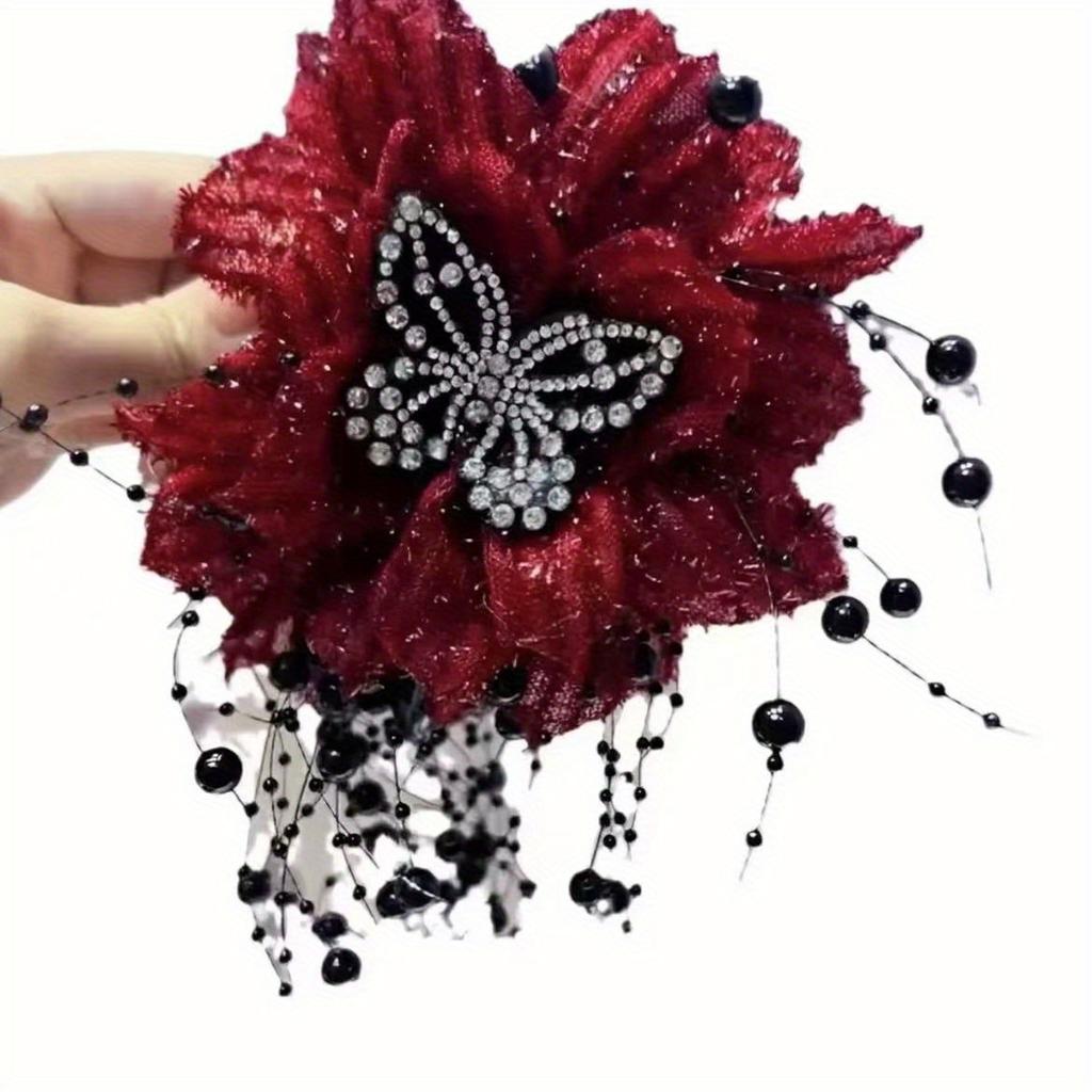 Hot-Selling Rose Flower Ribbon Anti-Rhinestone Butterfly New Ultra-Sparkling Shark Clip High-End Vintage Hair Claw Versatile Elegant Hair Accessory