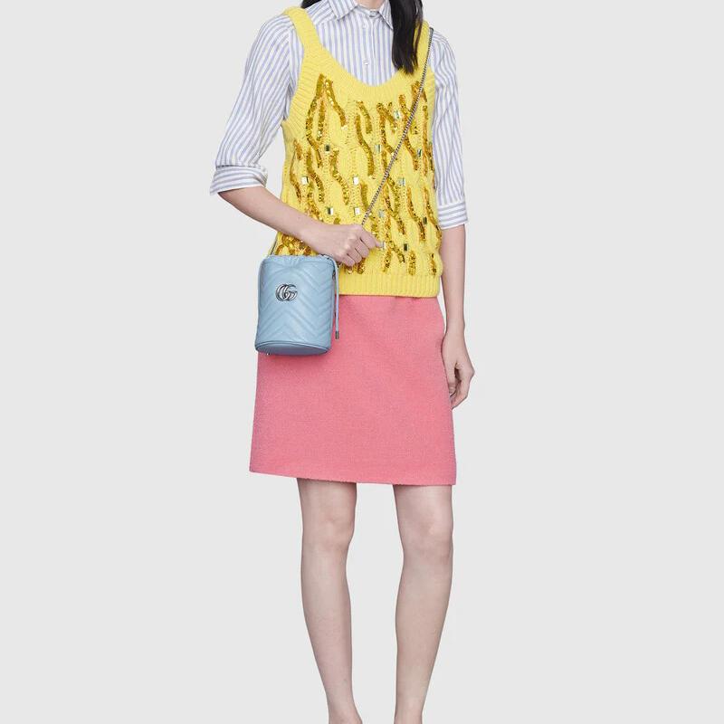 Gucci crossbody bag GG Marmont Silver Label Logo Quilted Leather Drawstring Bucket Chain Shoulder Mini Women's Light Blue Candy Color Unicorn Color