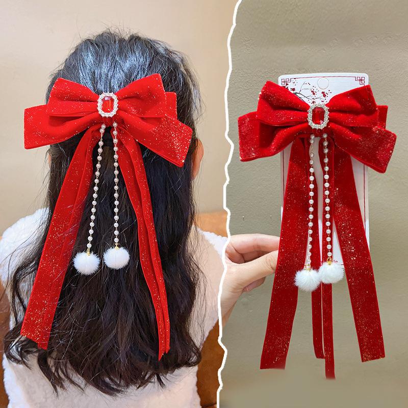 Новогодняя красная блестящая бархатная заколка-бантик для волос на Рождество, благоприятная лента-бантик для волос, женские аксессуары для волос для девочек
