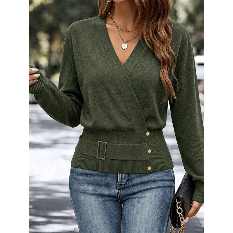 Women's Wrap V Neck Knitted Sweater Navy Blue Long Sleeve Belted Waist Elegant Office Pullover Autumn Winter Warm Knitwear Tops