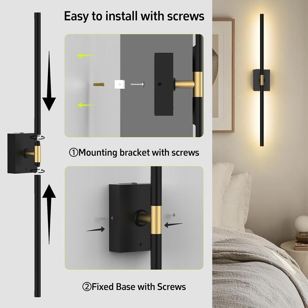 iThird Battery Operated Wall Sconces Set of 2, 10000mAh, Black | Detachable rechargeable battery, 31.5" wireless lighting for TV wall mirror bedroom