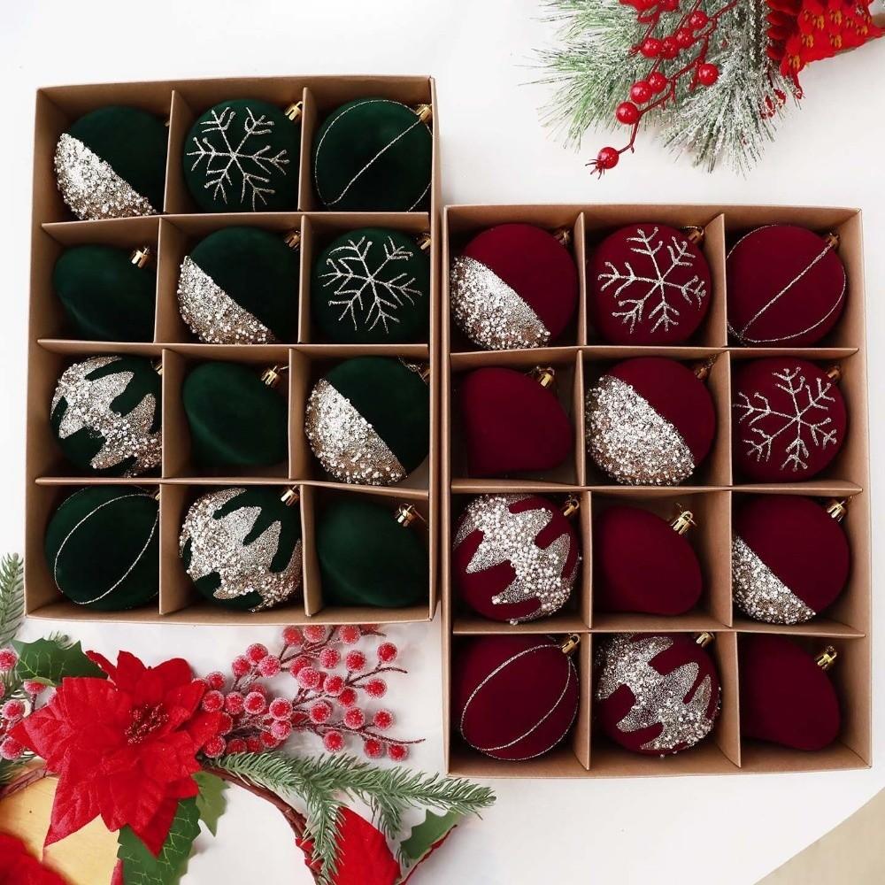 12Pcs Shatterproof Velvet Christmas Ball Set Plastic Flocked Ball Gift Box Home Party