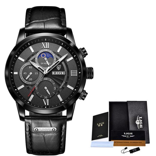2021 LIGE Watches Mens Top Brand Luxury Clock Casual Leathe 24Hour Moon Phase Мужские часы Спортивные водонепроницаемые кварцевые хронографы + коробка