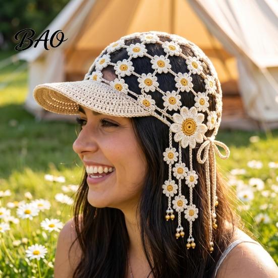 Hand Crocheted Floral Cap Sunflower Baseball Cap, Bohemian Tassel Bell Hat, Handmade Knit Cutout Adjustable Casual Hat Beanie Caps, Colored
