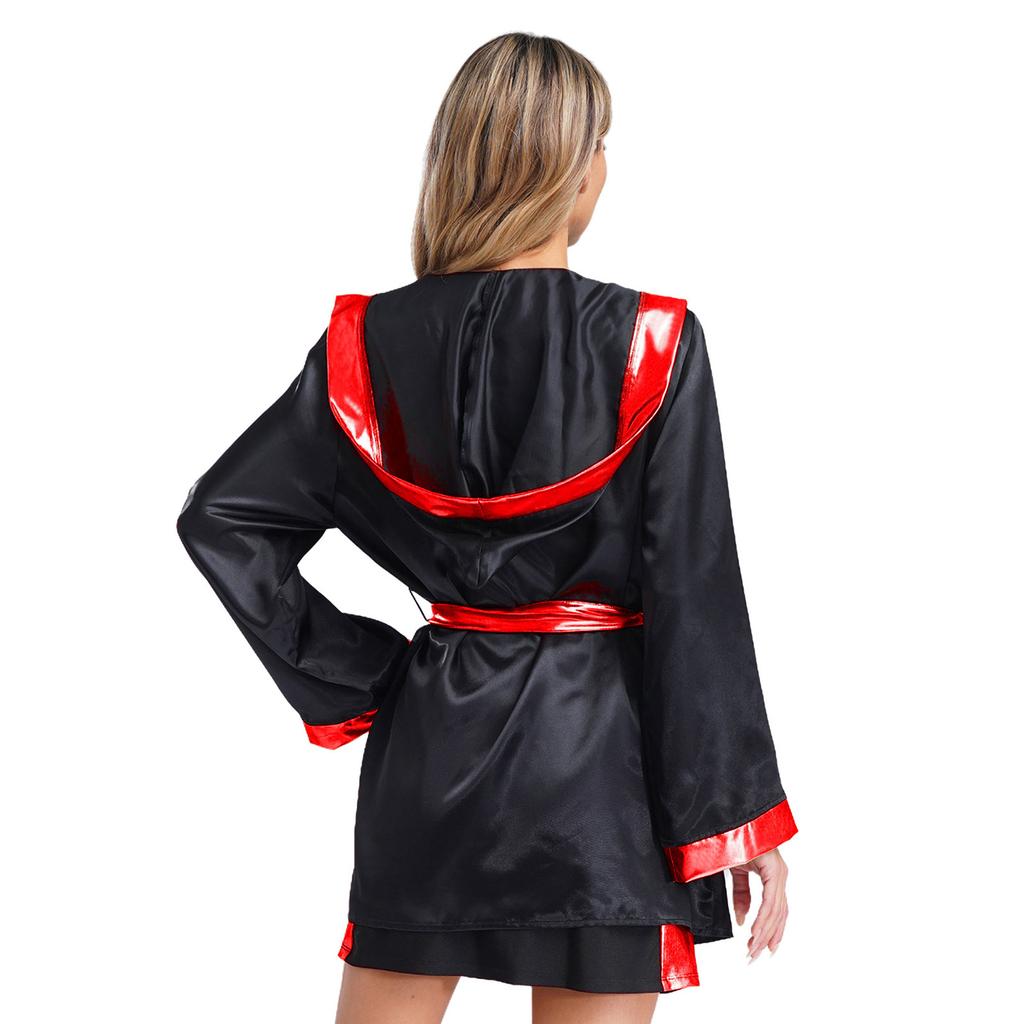 Womens Boxing Ring Outfit V Neck Tank Top Skirt Hooded Coverup Belt Halloween Cosplay Costume Set
