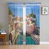 Italy Fishing Village Sea House Landscape Chiffon Sheer Curtains for Living Room Bedroom Decor Window Voile Tulle Curtain Drapes