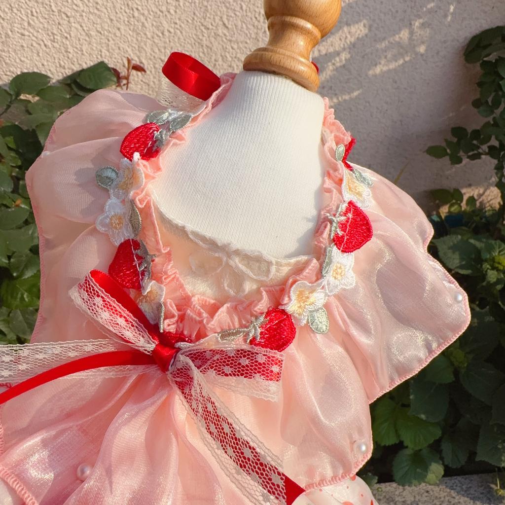 2026 Spring Summer Pet Dog Clothes Fashion Cute Strawberry Print Bow Pink Princess Dress For Small Medium Dog Puppy Overalls
