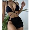 Sexy Halter Wrap Around Bikini Female Swimsuit Women Swimwear Three-pieces Bikini Set With Sarong Bather Bathing Suit Swim