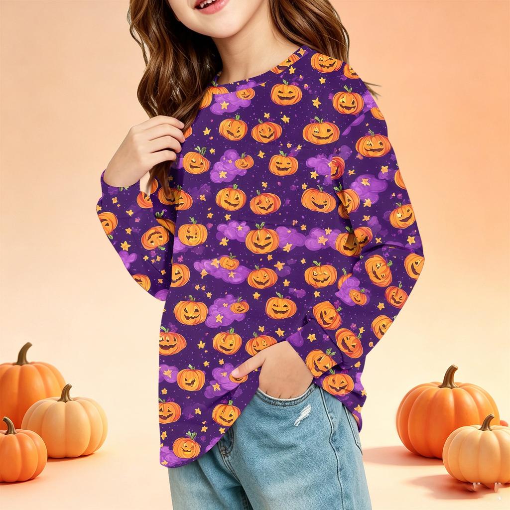 Детская футболка с длинным рукавом и карманами с принтом на Хэллоуин - Топ с круглым вырезом для мальчиков и девочек