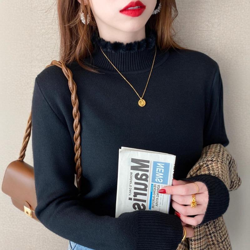 One-piece Fleece Sweater Women's Autumn and Winter New Fleece Thickened Bottoming Shirt with Warm Knitted Semi-turtleneck Top