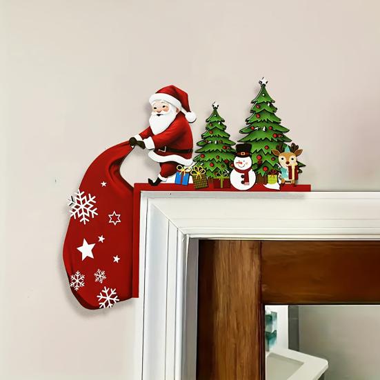 Wooden Christmas Door Topper Cute Santa Claus Door Corner Frame Sign for Holiday Home Wall Cabinet Shelf Decor