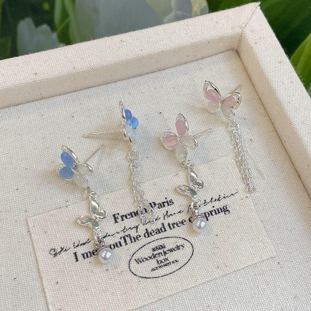 Серьги-кисточки «Летняя бабочка» с кошачьим глазом: Асимметричный розовый и голубой дизайн с серебряной иглой для женщин