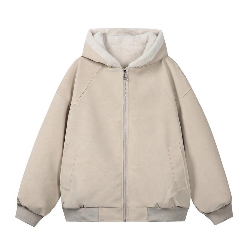 Зимняя кожаная куртка Zuo Shan Diao с меховым воротником - Парный стиль, Плюшевый велюр, Уплотненный хлопок, Узор личи