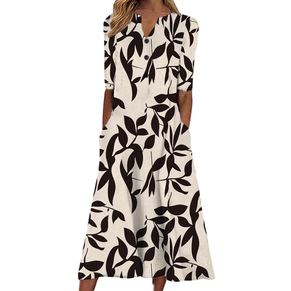 Повседневное платье с V-образным вырезом, рукавами средней длины, цветочным принтом, карманами, застежкой на пуговицы спереди, свободного кроя - Белый/Светло-голубой/Розовый