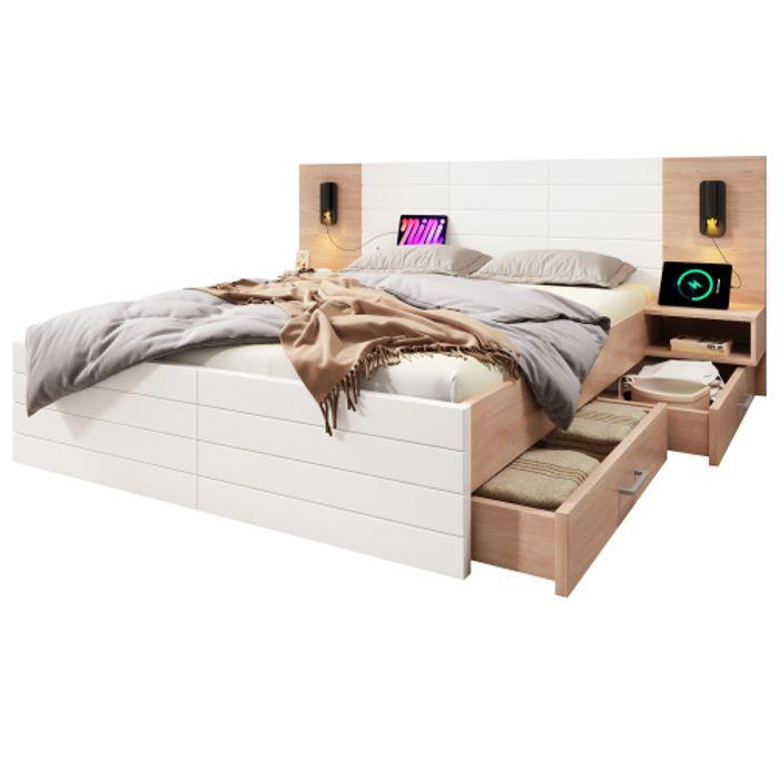 Lit double - MUVOE - 140 x 200 cm - Bois massif - 2 tiroirs - Chargeur USB intégré