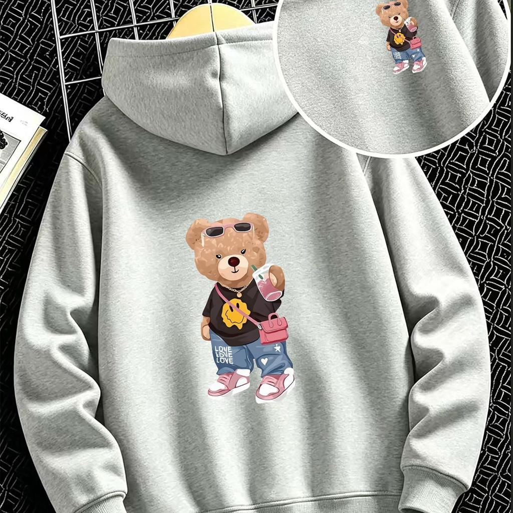 Autumn/Winter Christmas Unisex Hoodie, Loose-fitting Casual Hooded Design with Cartoon Bear Print, Trendy Hoodie