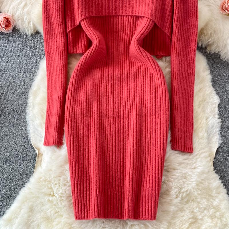 Тонкое облегающее платье на бретельках, комплект из 2 предметов, женский костюм, осенний корейский воротник-стойка, короткие пуловеры с длинными рукавами, повседневный трикотаж