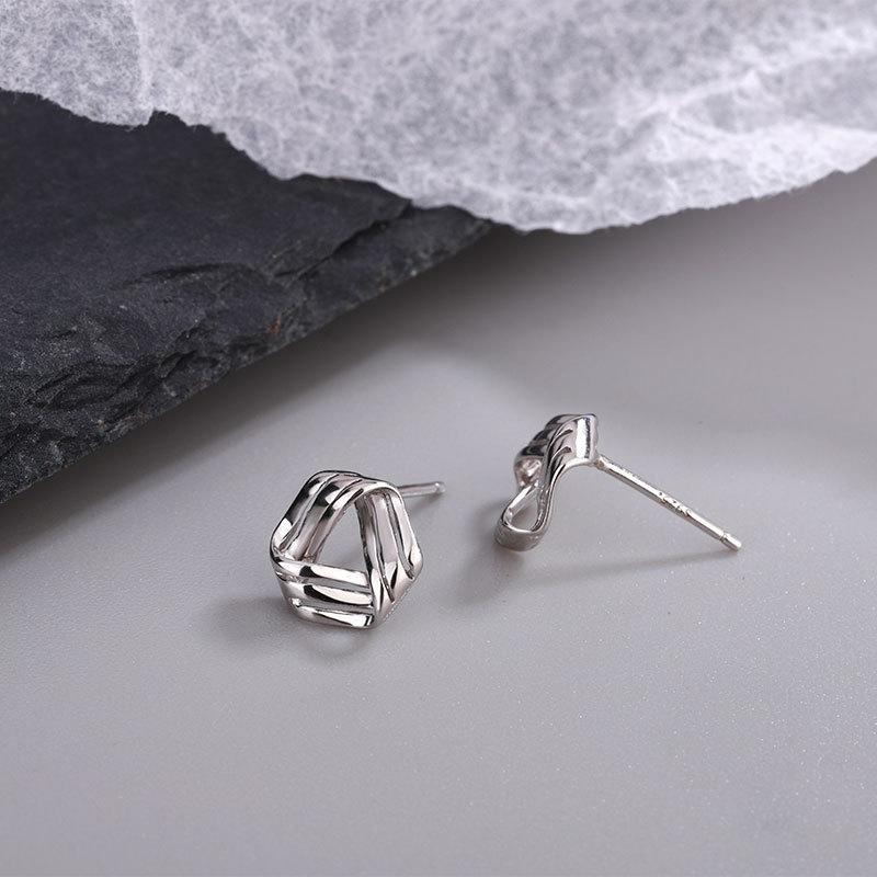 Silver Color Cross Triangle Stud Earrings for Women Hollow Geometric Statement Female Small Earrings Tiny Fashion Ear Jewelry