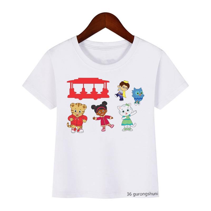 Модная детская футболка, милая футболка с мультяшным принтом Daniel Tiger's Neighborhood для мальчиков, летние футболки в стиле Харадзюку для девочек, белые топы
