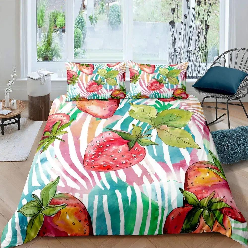 Strawberry Duvet Cover SetRed Strawberry Bedding Set For Girls Cute Black White Geometric Plaid Grid Comforter Cover Full Size