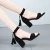 Fashion Thick Heel Sandals Women Summer Wild Large Size High Heel Mid-heel Buckle Sandals Open Toe Flock Pumps Black Shoes 2024
