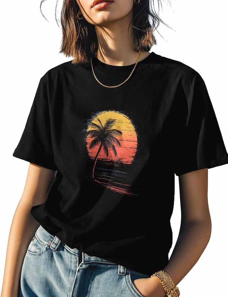 T Shirts for Women Graphic Tees Orange Sunset Crew Neck Short Sleeve Shirts for Women Palm Tree Casual T-Shirt