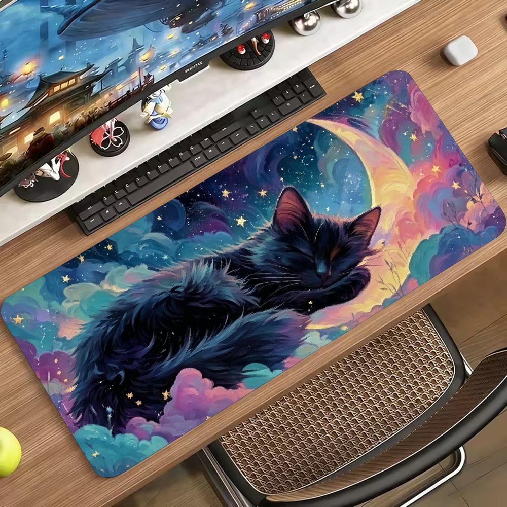 Мечтательный Космический Черный Кот Игровой Коврик для Мыши Нескользящий Резиновый Коврик для Стола Луна Галактика Туманность Искусство Для Игр и Ежедневной Работы за Столом