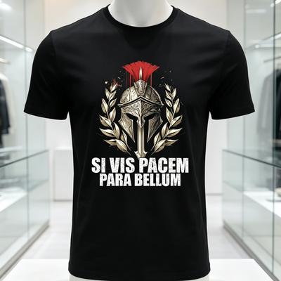 Unisexs Retro Si Vis Pacem Para Bellum Latin Proverbs Tshirt Gold Spartan Helmet and Laurel Wreath Pattern Four Seasons Tshirt