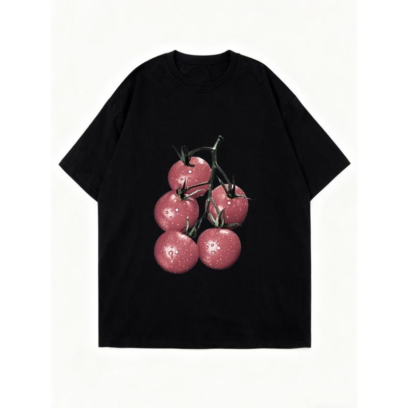 Футболка оверсайз с принтом «Черная вишня», повседневная одежда для женщин, летний наряд, модный акцент, топ свободного кроя, уличный стиль