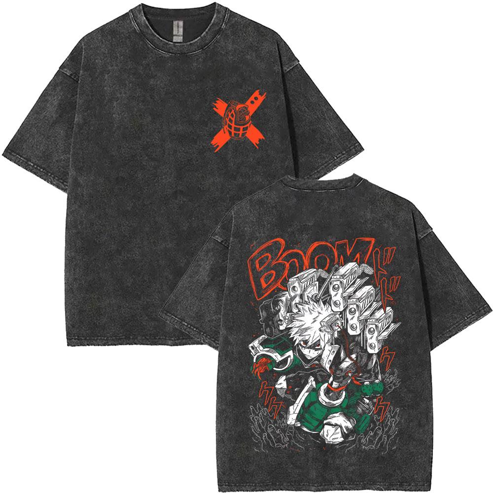 Washed Vintage Anime My Hero Academia TShirt Bakugou Katsuki Graphic T Shirts Mens Cotton ONeck Tee Shirt Oversized Clothes