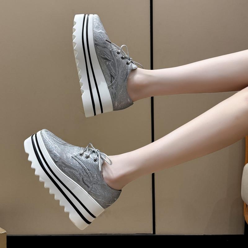 Мода Мода Платформа Одинарная Обувь Осень Новые Круглый Носок Шнуровка Спереди Блестки Противоскользящий Каблук Низкий Верх Женская Обувь