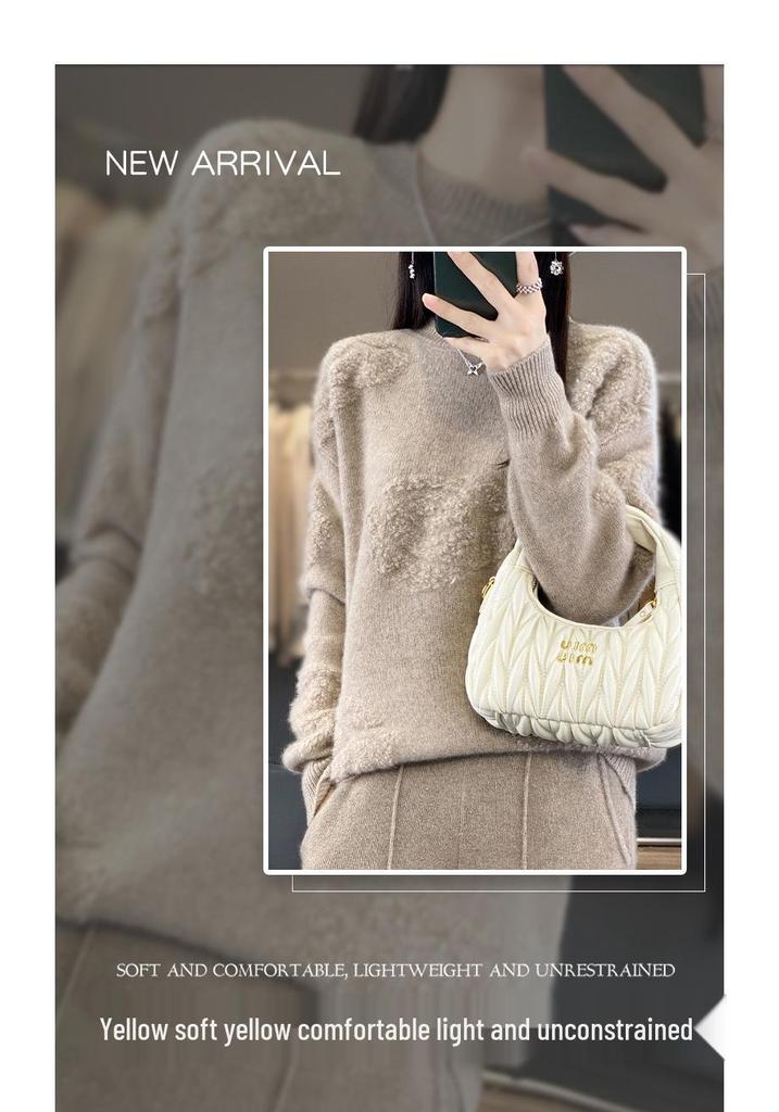 Women's Loose Wool Knit Sweater - 2024 Autumn/Winter, Half High Collar, Towel Sleeve