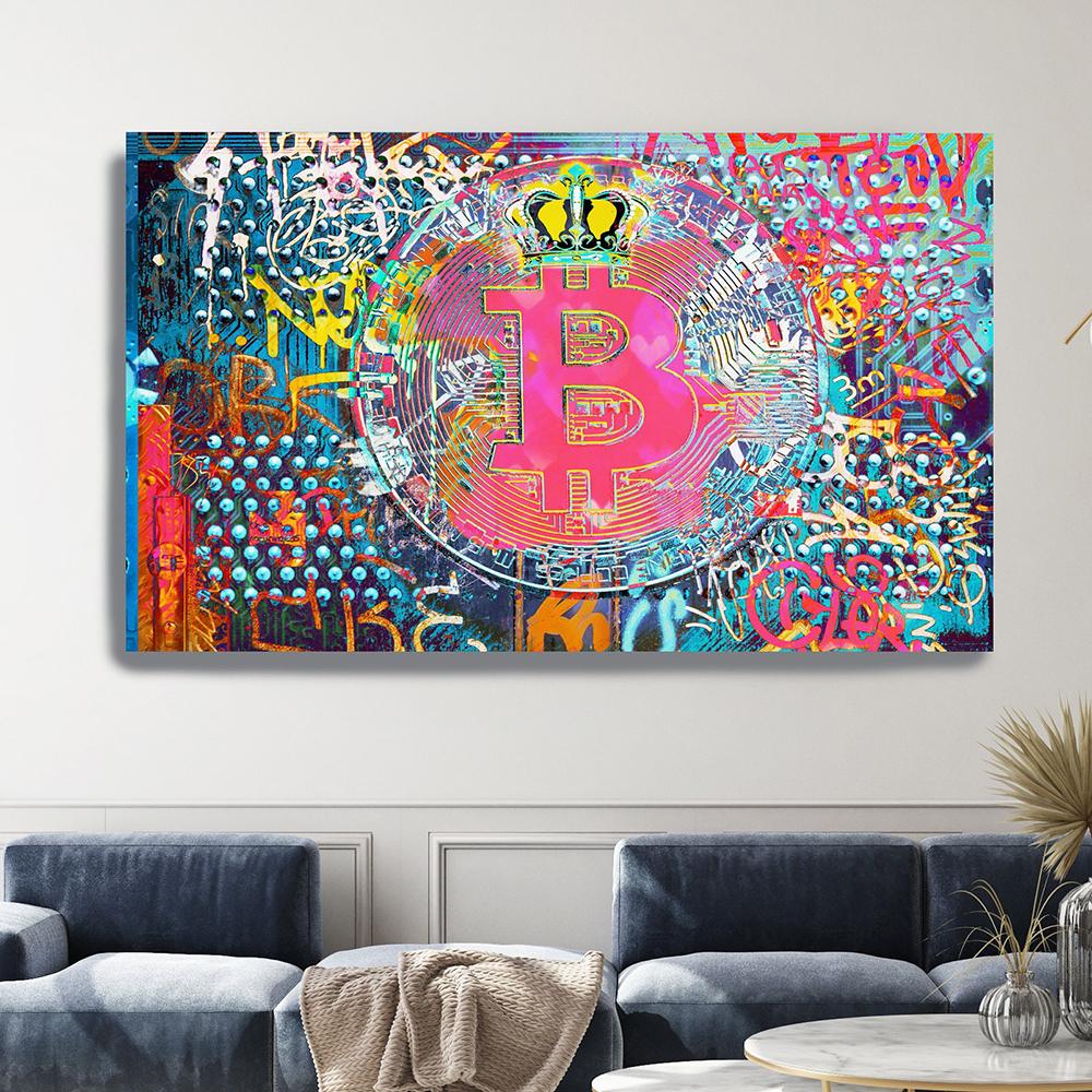 Абстрактная биткойн-стрит граффити холст картина красочный неоновый эффект биткойн-плакат с принтом вдохновляющий настенный художественный декор комнаты